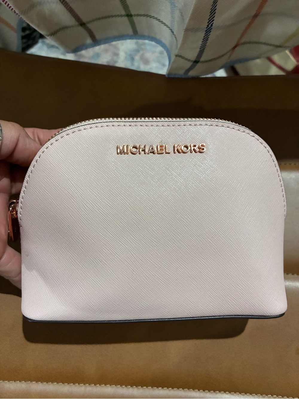 Michael Kors Blush Pink Saffiano Cosmetic Pouch with Gold Logo